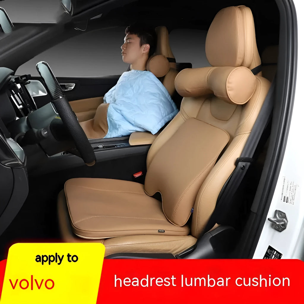 Brown car headrest cushion with integrated neck pillow and lumbar support mounted on vehicle seat