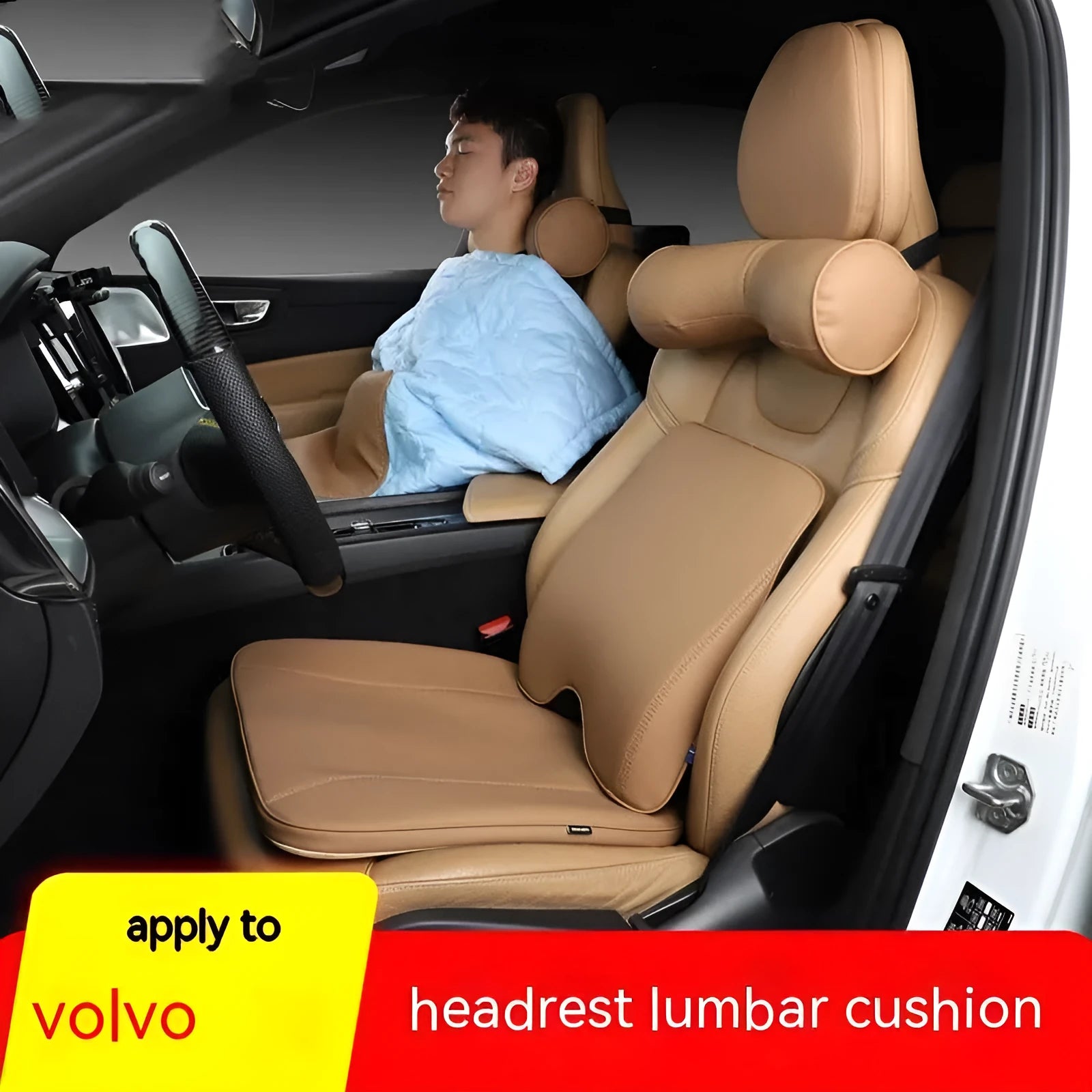 Brown car headrest cushion with integrated neck pillow and lumbar support mounted on vehicle seat