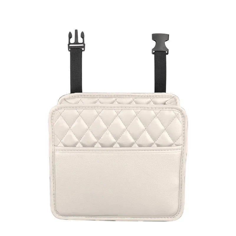 Black leather hanging storage bag for car interior, shown with dimensions