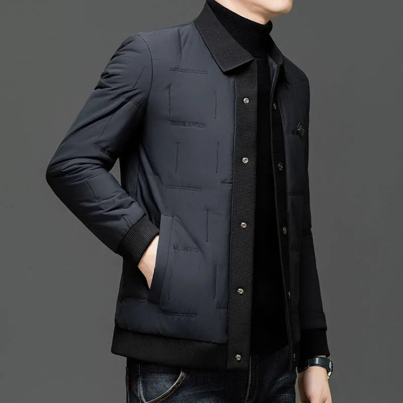 Men's loose padded coat with lapel collar and round hem in black, khaki or navy blue, sizes M to 4XL