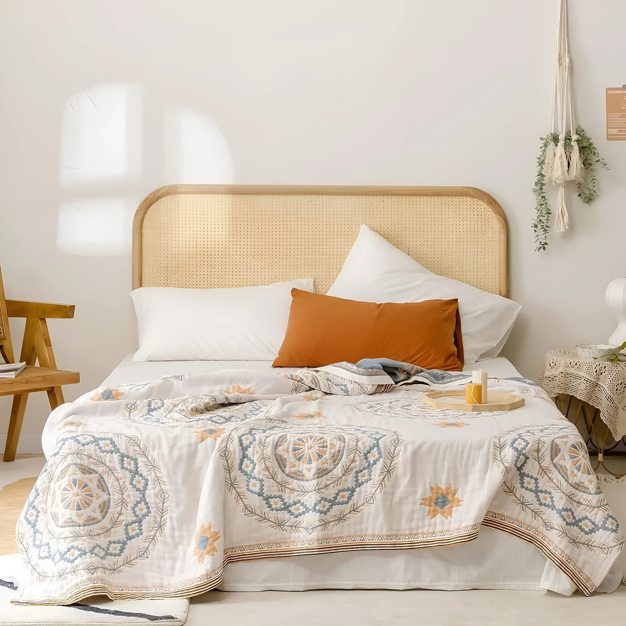 Cotton geometric patterned towel blanket laid flat, showing modern simplicity design.