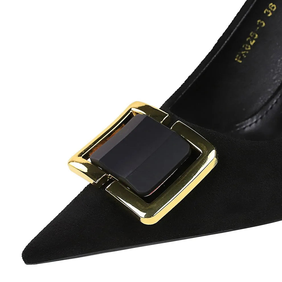 Black suede women's stiletto high heels with a 9cm heel and pointed toe on a white background.