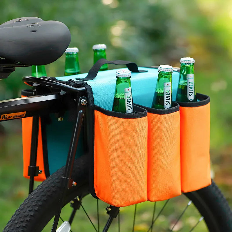 Black and blue orange double-sided bicycle handlebar drink storage bag mounted on bike.