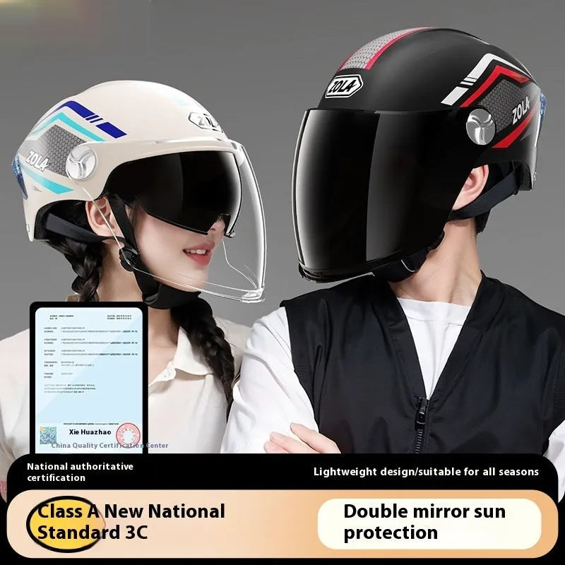 Child's light brown half helmet with double mirrored visor for battery scooter riding.