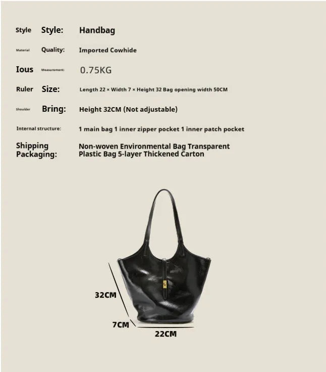 Black genuine leather large capacity bucket bag with visible stitching and crossbody strap on white background