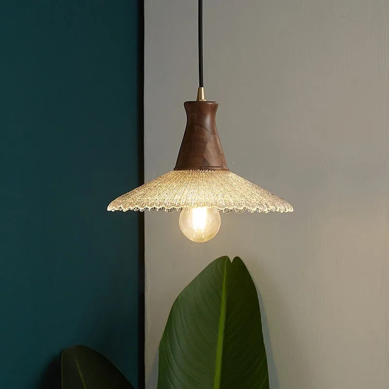 Retro-style wood and glass ceiling chandelier with brass accents in three sizes.