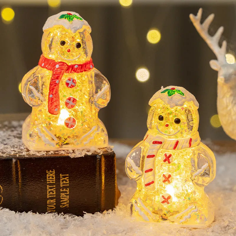 Glowing Christmas gingerbread man snowman ornament with a red scarf, plastic decoration.