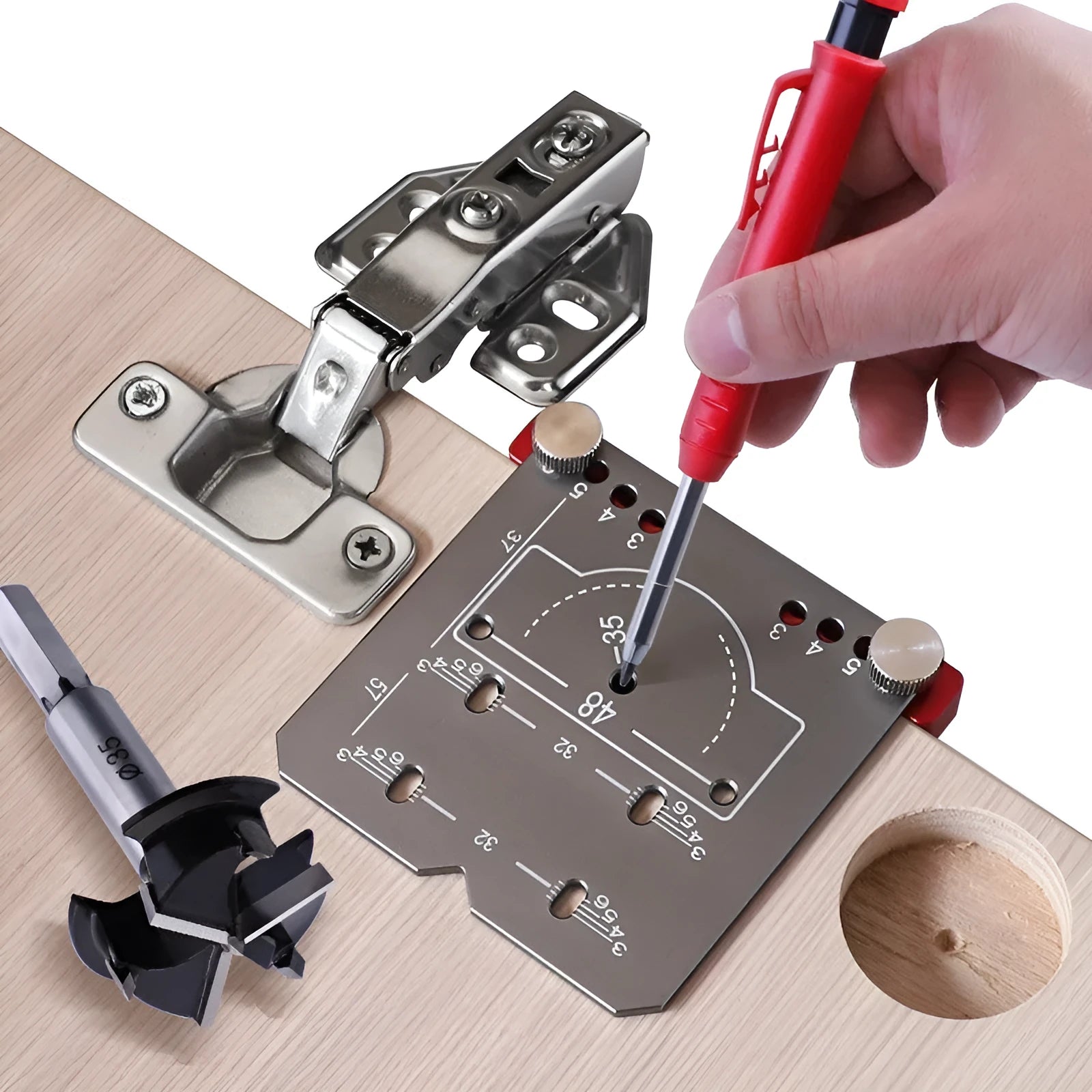 35mm cabinet hinge punch locator tool with adjustable margin rule and hard alloy blade tapper.