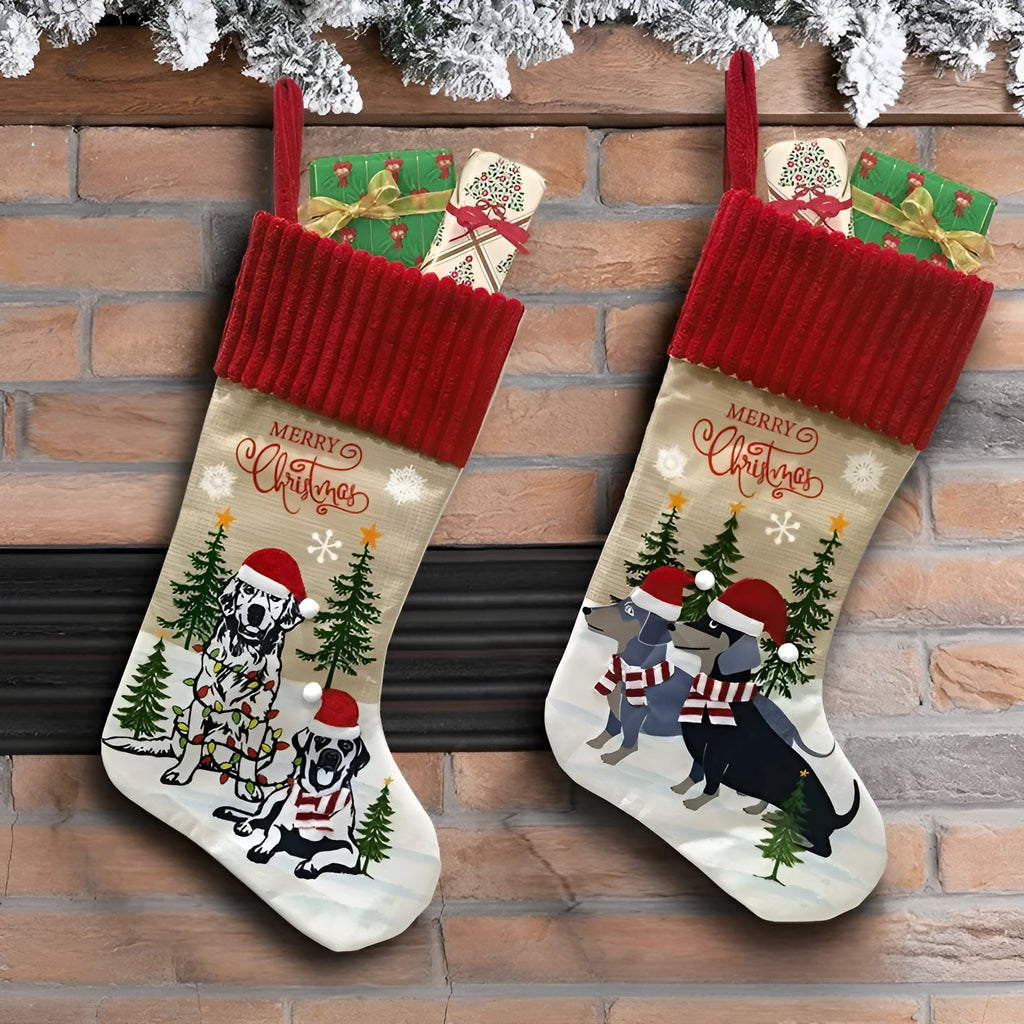 Cloth Christmas tree pendant with dog and cat sock designs, dimensions 46cm by 28cm