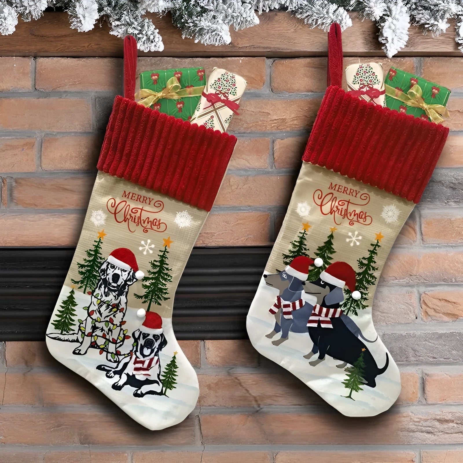 Cloth Christmas tree pendant with dog and cat sock designs, dimensions 46cm by 28cm