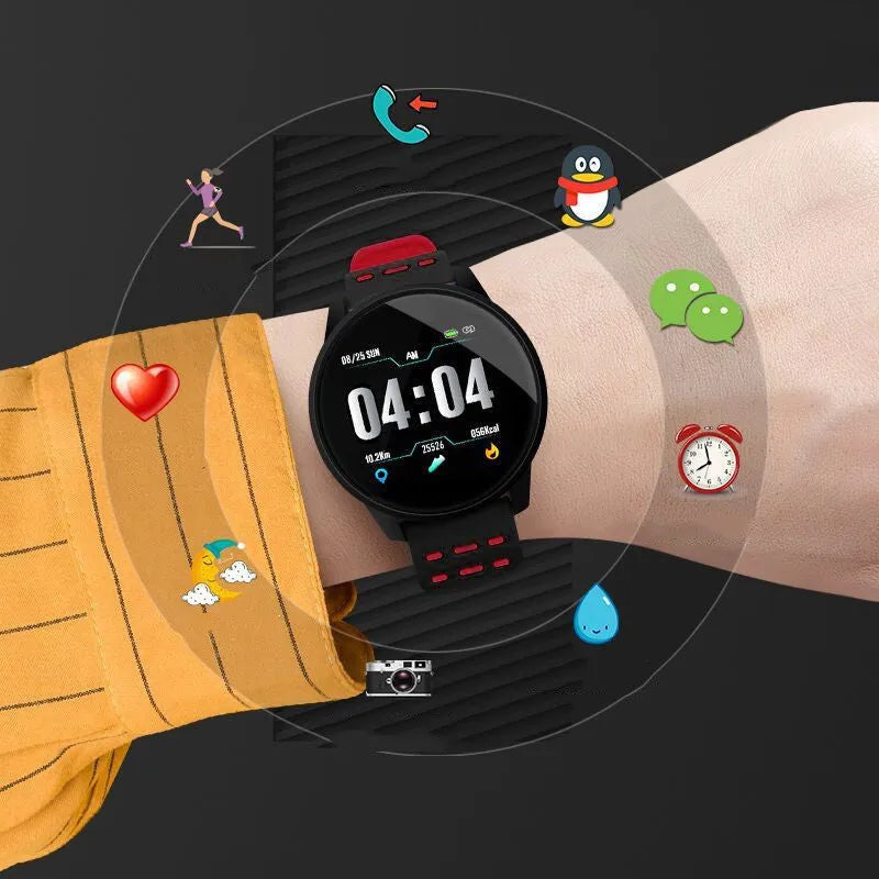 Black smart watch with 1.3-inch screen and coloured rubber sports strap, showing fitness tracking display.