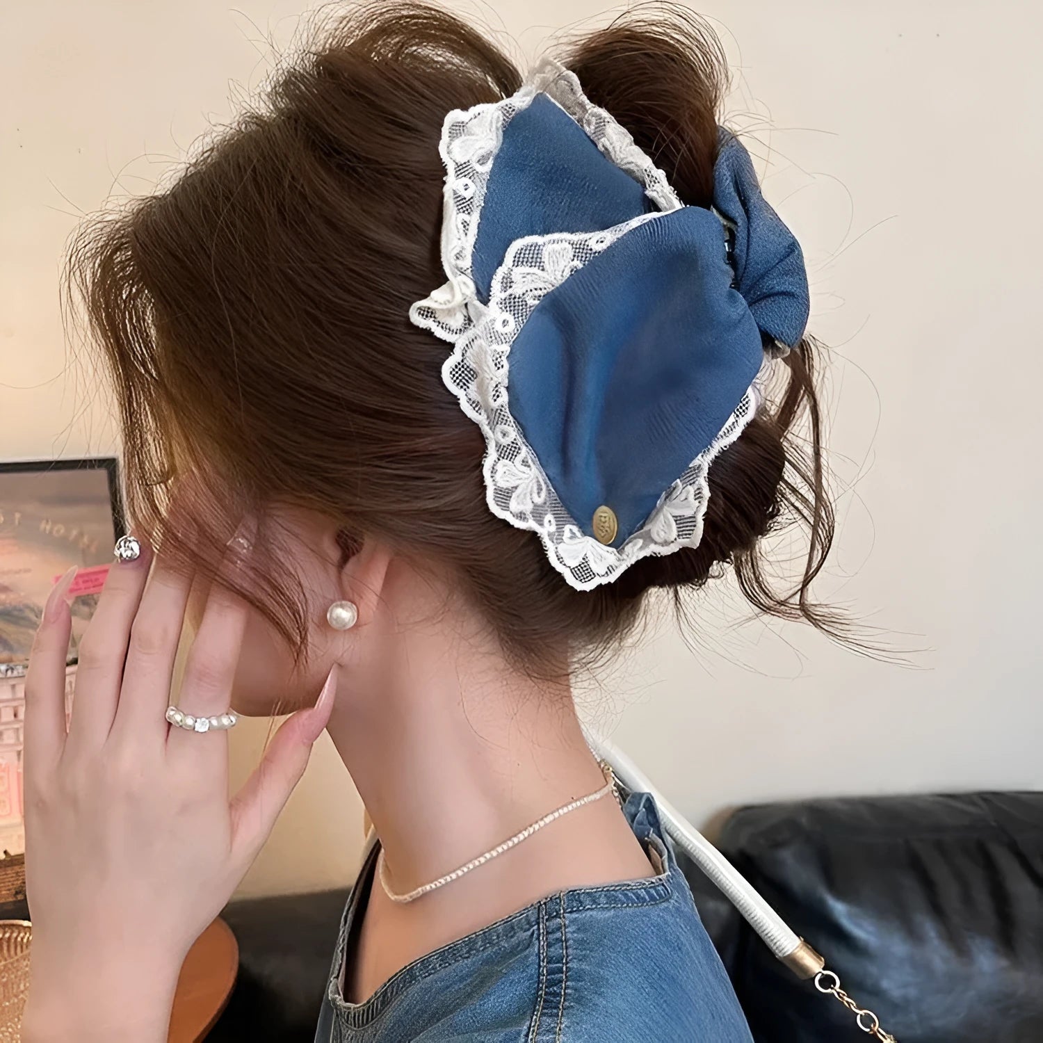 Handmade plastic hairpin with fabric and acrylic decorative elements and triangular grip