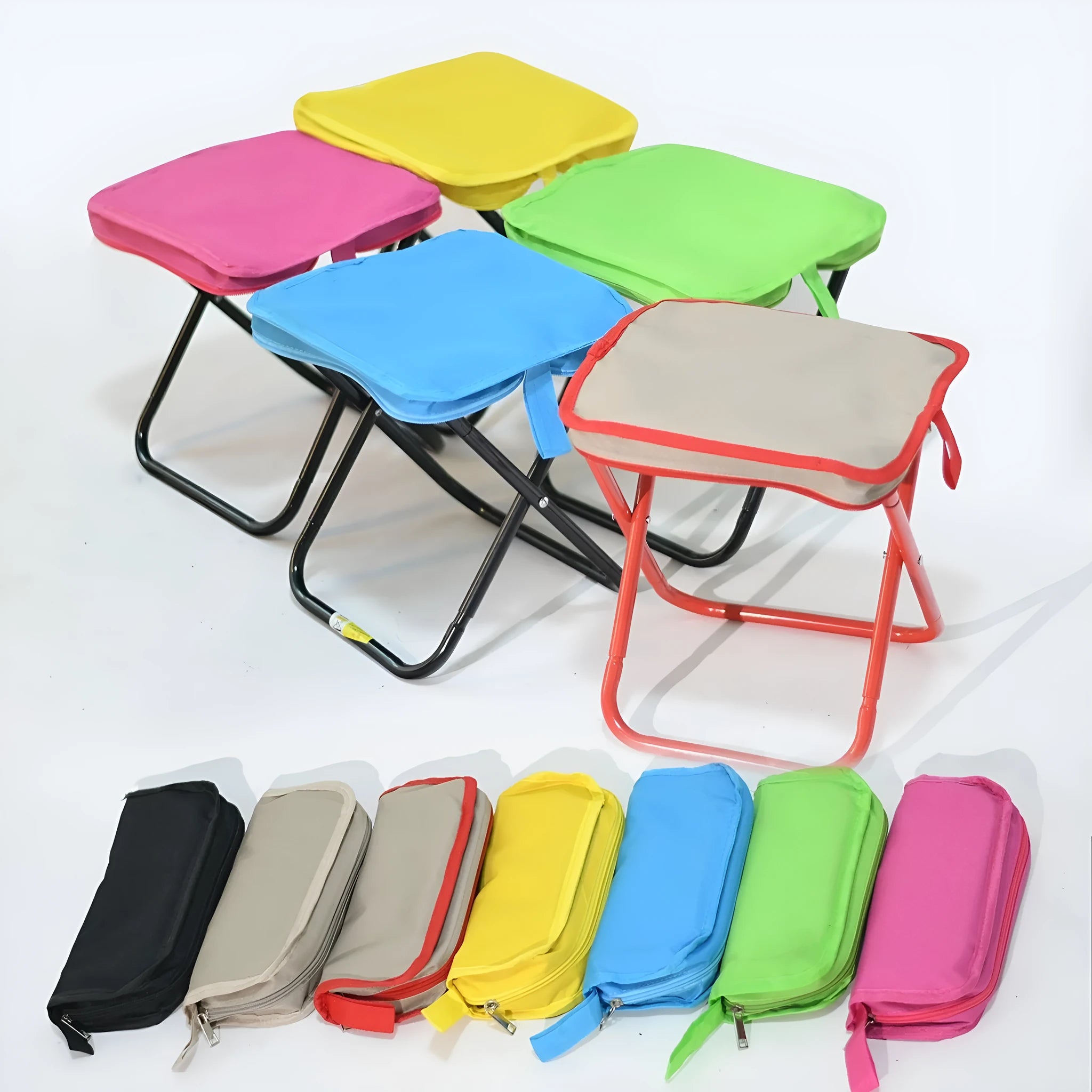 Lightweight foldable camp stool in khaki colour, shown folded flat in pencil box style.