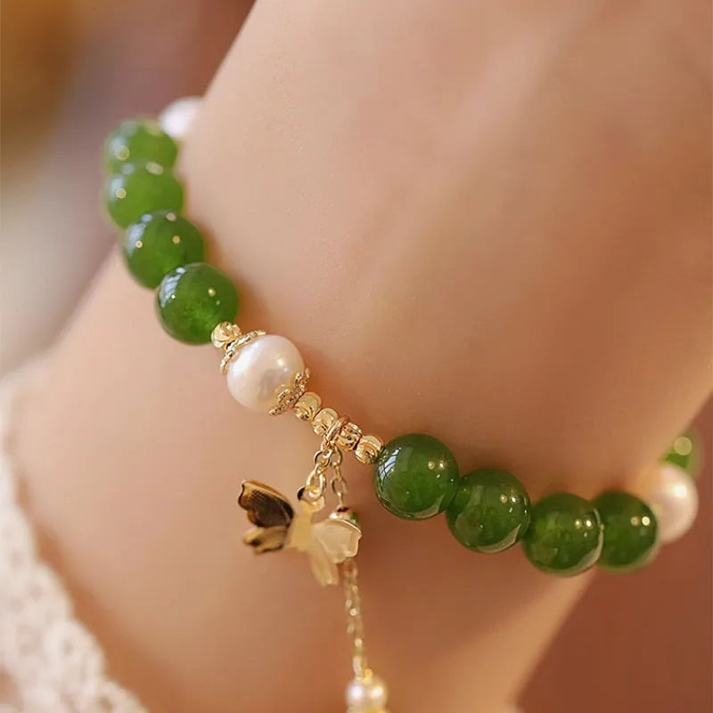Natural green chalcedony geometric bracelet with round design elements for women