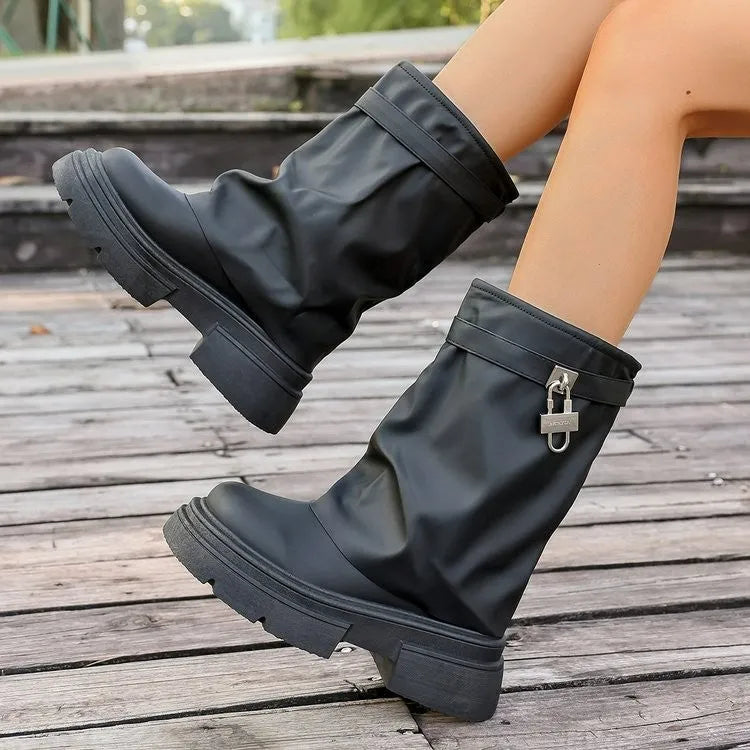 Black women's thick-soled Martin boots with side zipper, round toe, mid heel, synthetic leather upper, cotton lining