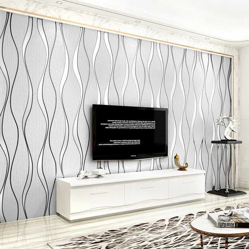 Close-up of dark brown 3D striped wallpaper with thick deerskin velvet texture.