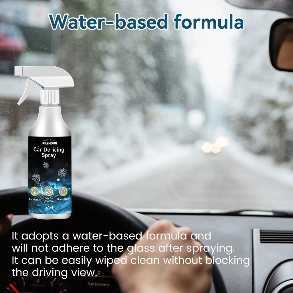 60ml bottle of car windscreen de-icing spray and a snow remover tool on a white background.