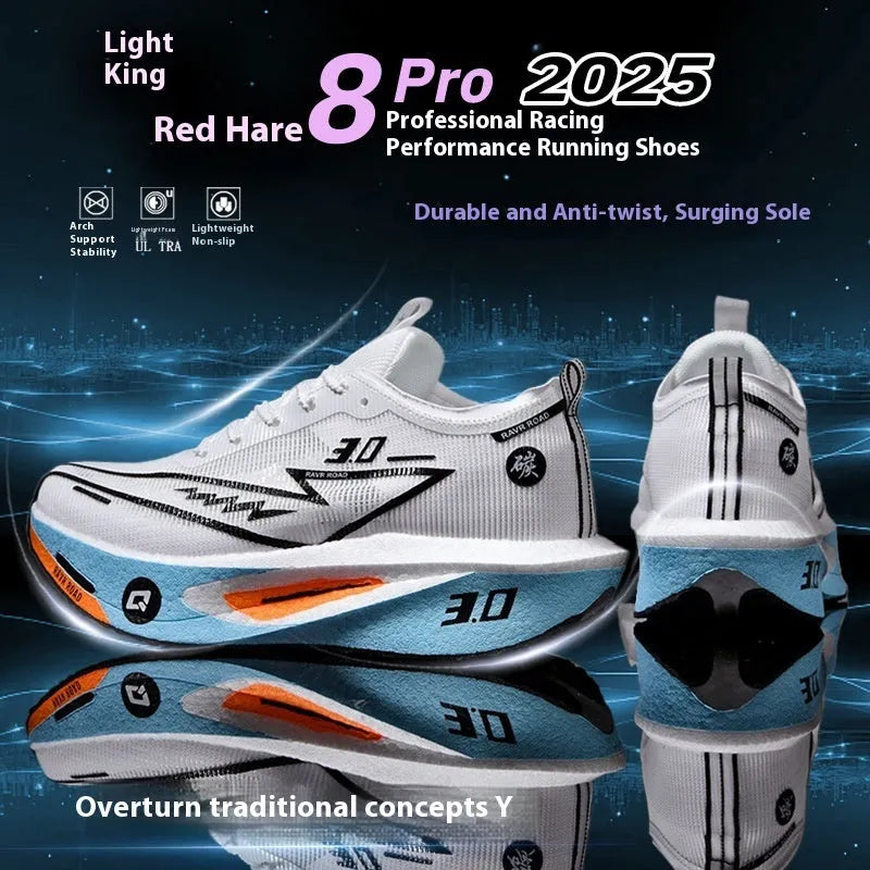 Men's racing carbon plate running shoes in Bright Blue Star with mesh upper and natural rubber sole