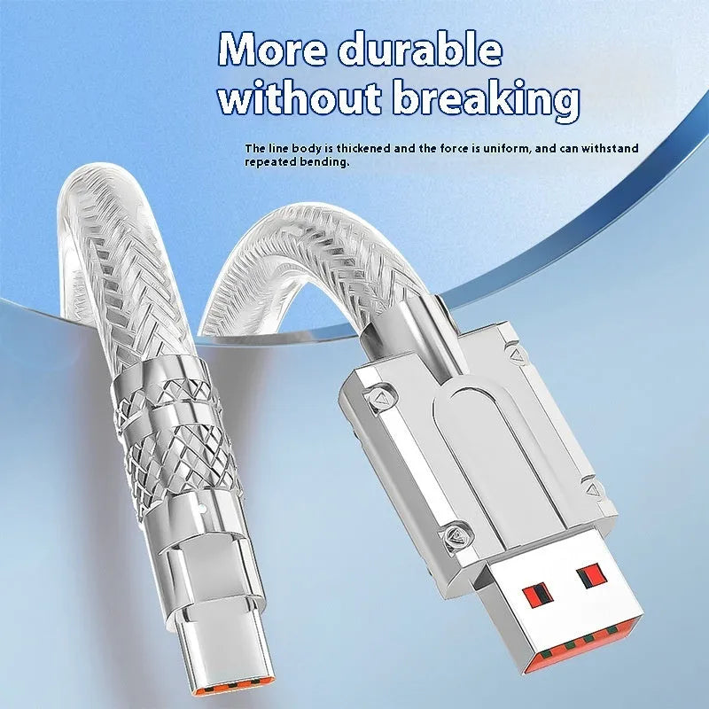 Silver grey woven USB C charging cable with Type-C connector, 6A fast charge, 1m or 1.5m length
