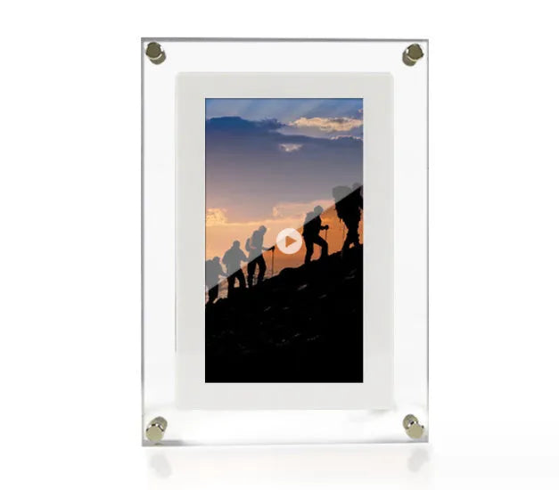 White vertical digital picture frame with 5-inch screen showing family photos