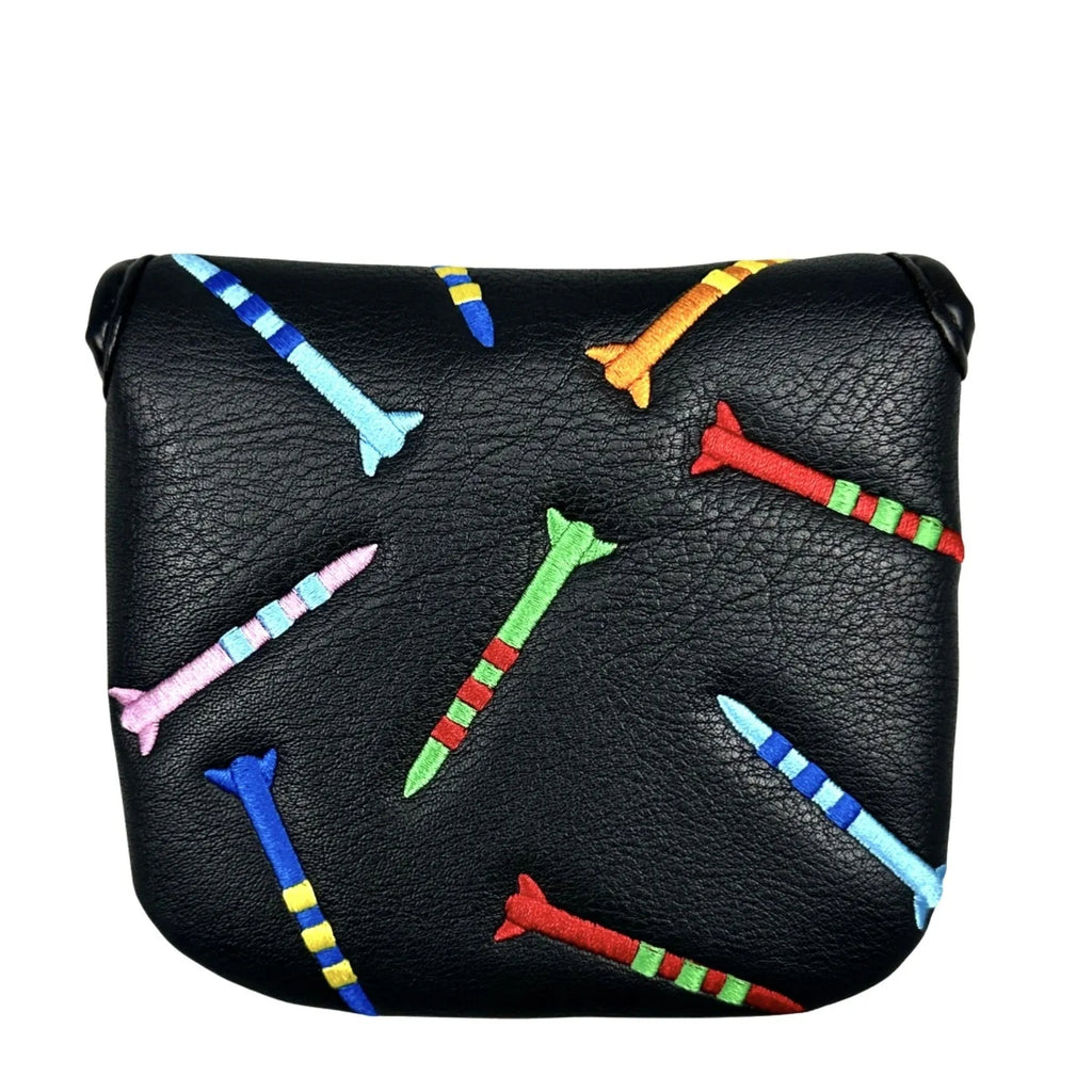 Square golf putter protective sleeve with Rocket Pattern design in PU leather, shown in black and white.