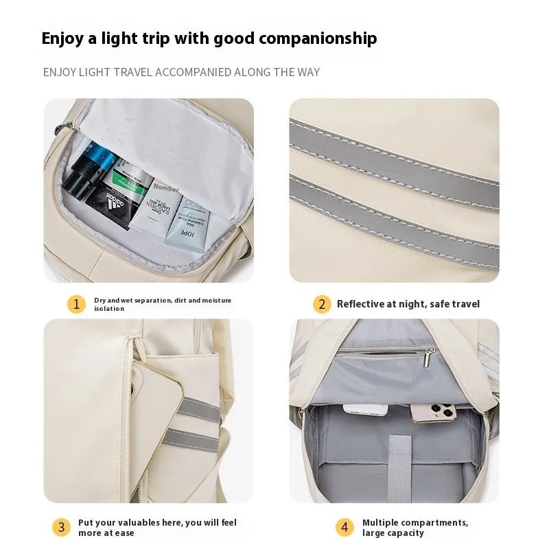 Beige unisex travel backpack with curved shoulder straps showing dry wet separation compartment.