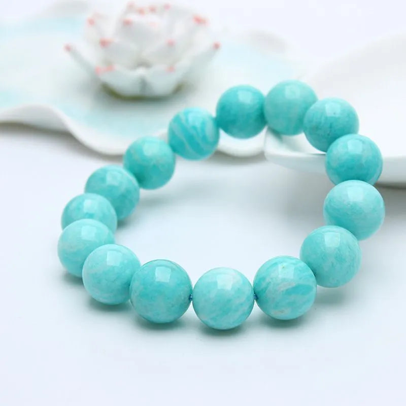 Natural Amazonite gemstone bracelet with round beads on elasticated cord in 8mm, 9mm or 10mm sizes