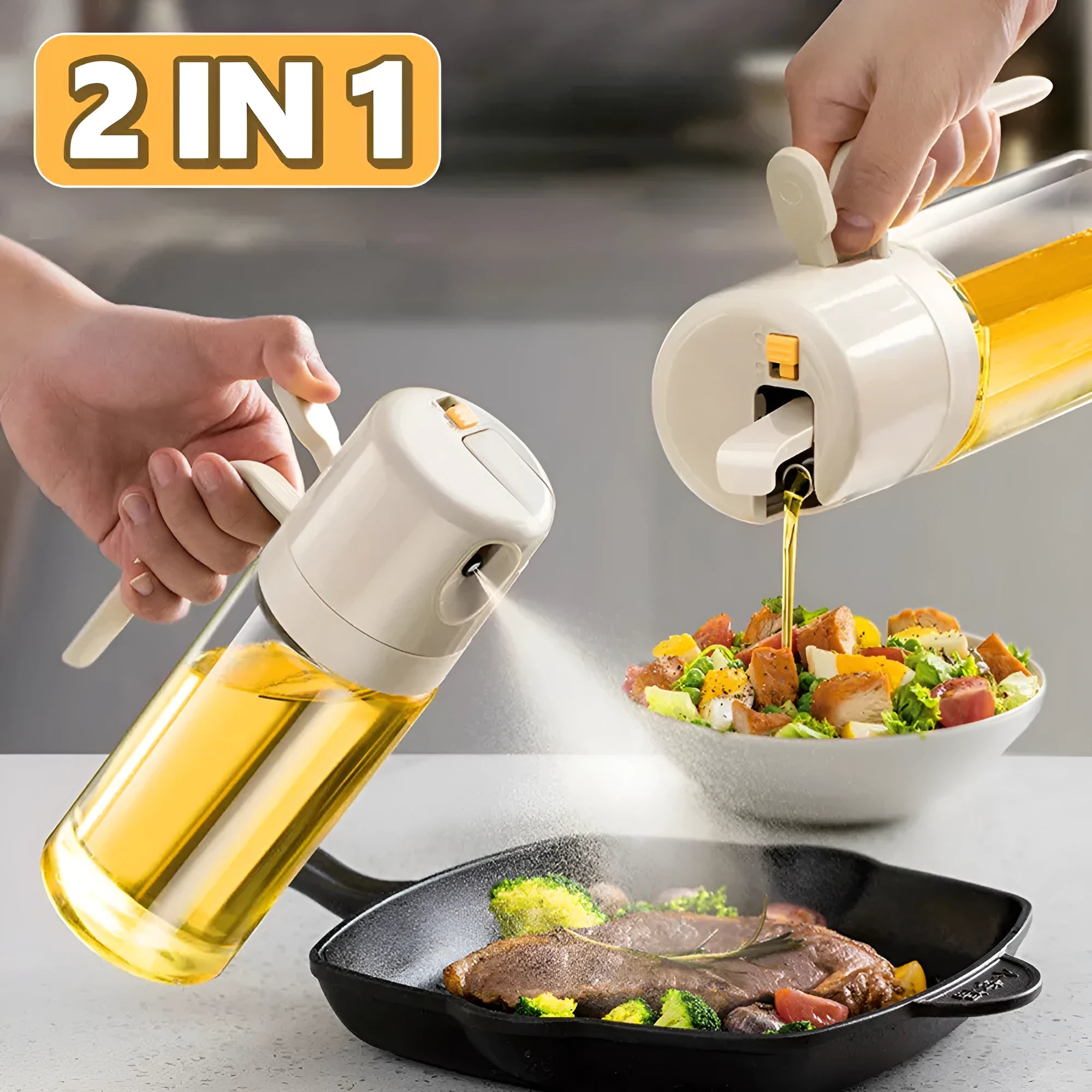 Warm grey 550ml glass oil sprayer bottle with dual pouring and spraying functions