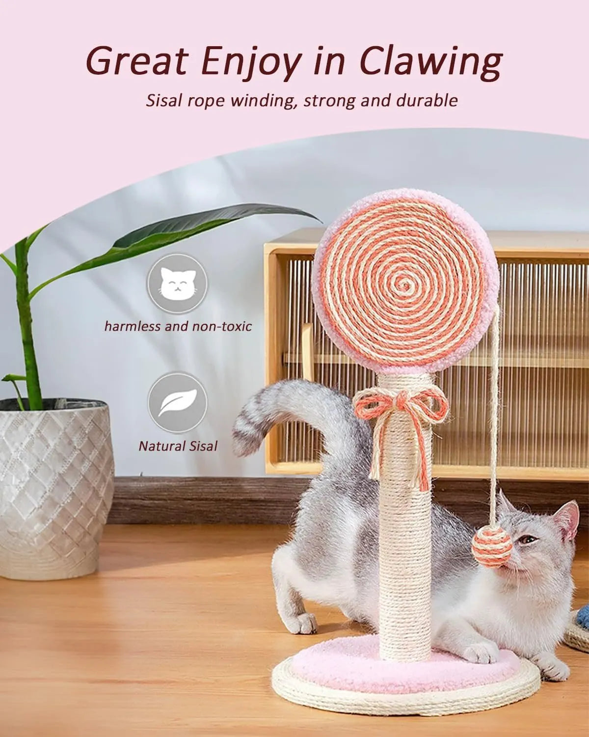 Blue cat scratching post with a hanging toy ball on a sturdy square base.
