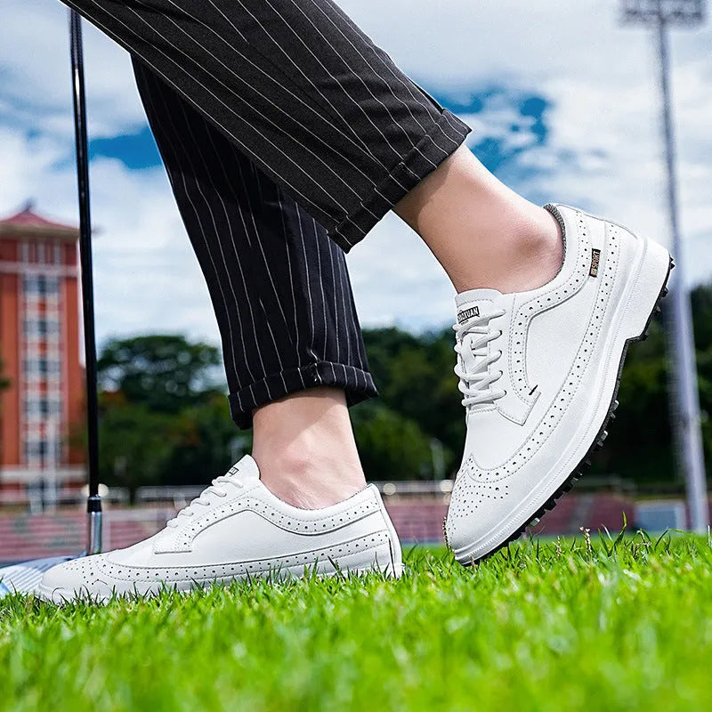 Men's lake blue and white genuine leather golf shoe with non-slip rubber outsole