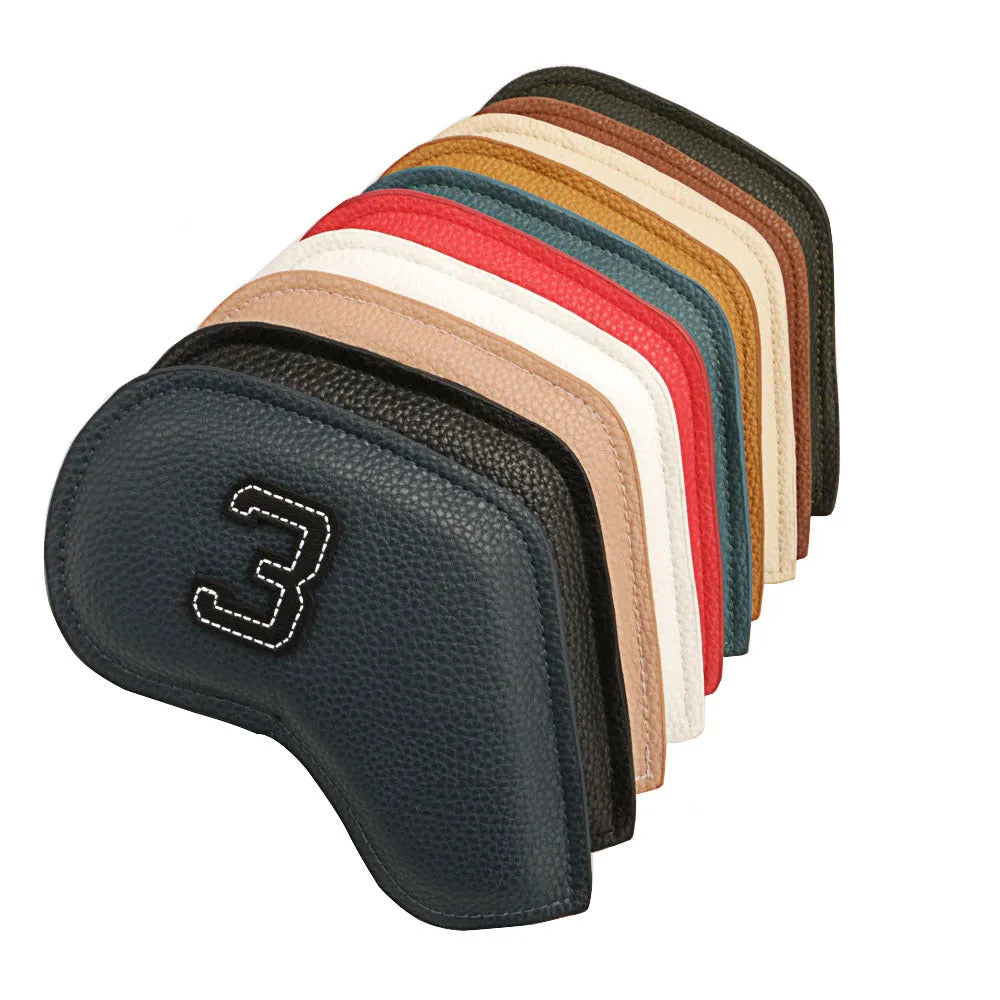Set of 10 digitally printed PU leather golf club head covers in assorted colours.