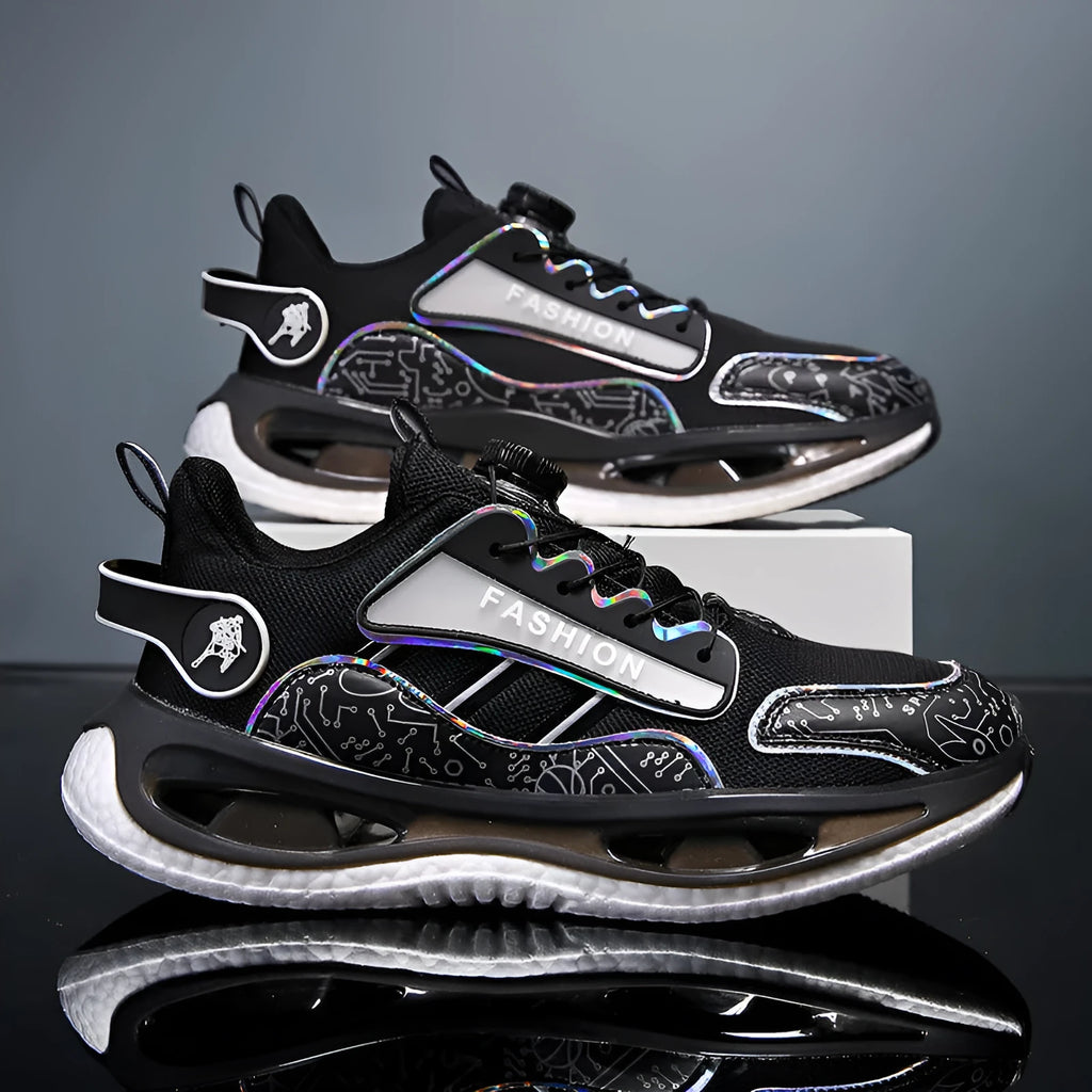 Men's low-top mesh sports trainers in black with a Popcorn TPU sole and elastic band closure.