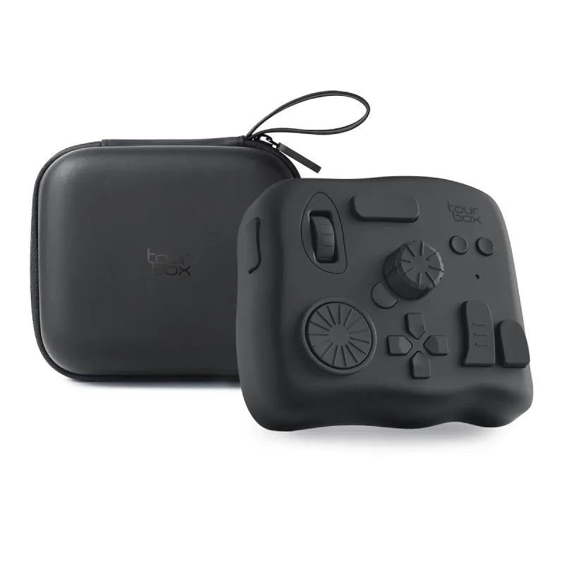 TourBox NEO video editing controller in black, showing its compact size and array of dials and buttons.