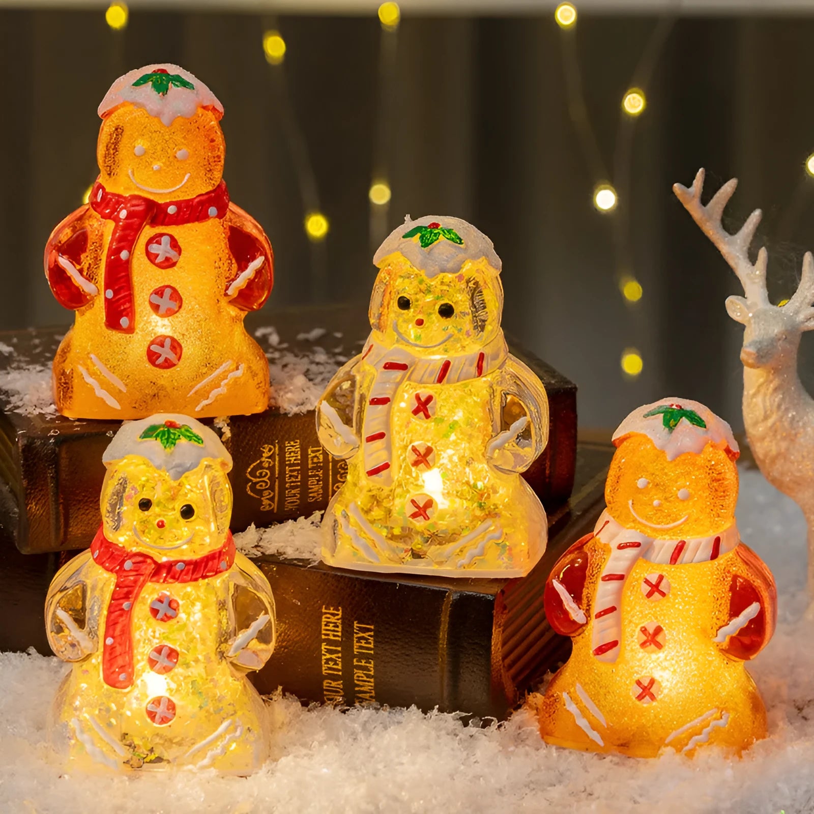 Glowing Christmas gingerbread man snowman ornament with a red scarf, plastic decoration.