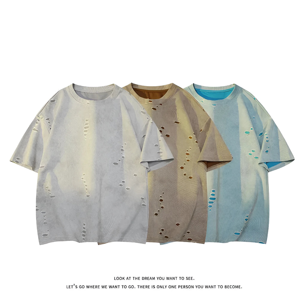Grey men's loose ripped short sleeve cotton blend t-shirt on a hanger.