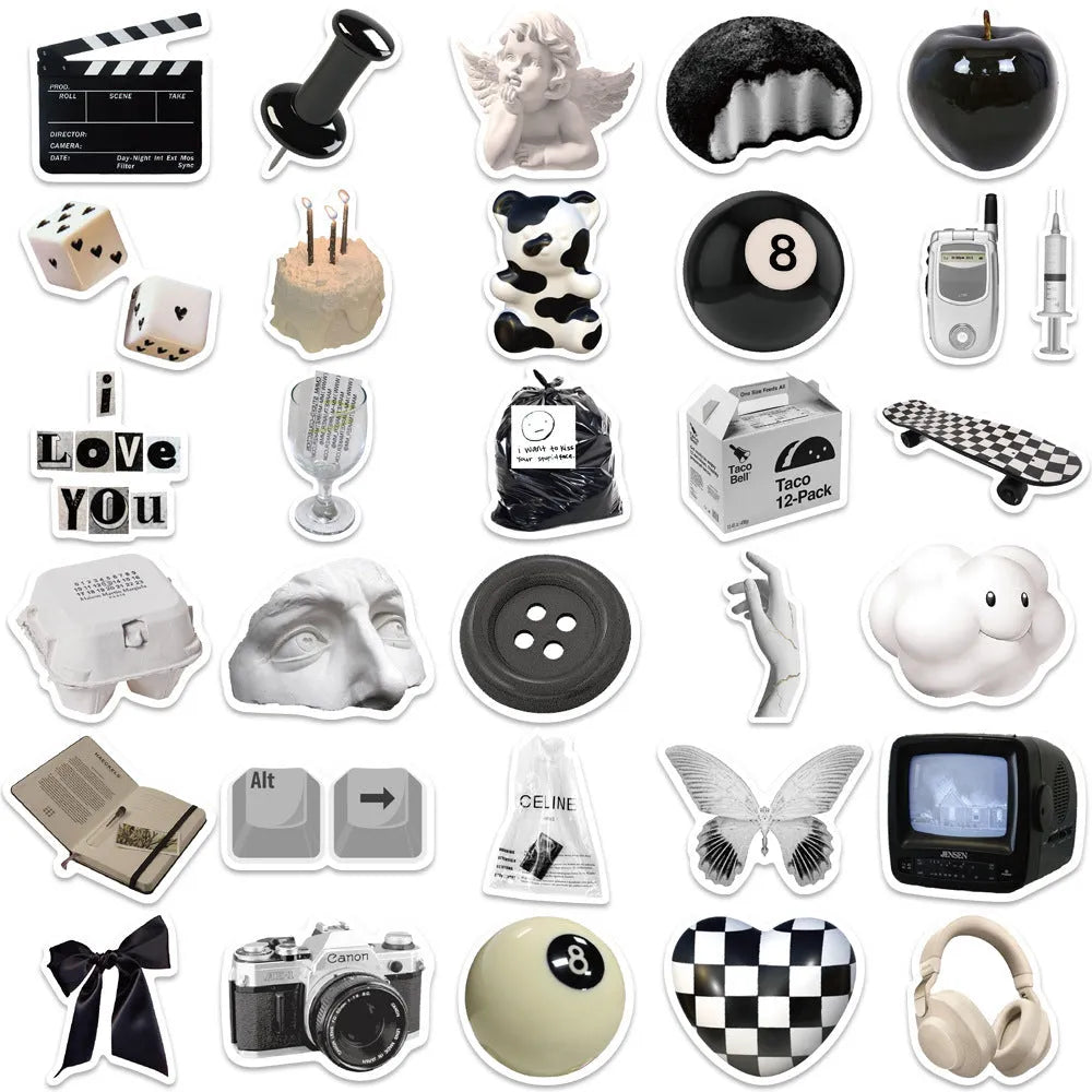Set of 61 black and white simple style waterproof PVC vinyl stickers for laptops and phones.