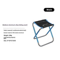 Black folding camp stool with ethnic pattern, made from lightweight aluminium alloy, shown in folded and unfolded states.