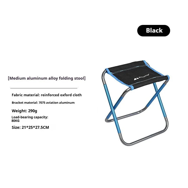 Black folding camp stool with ethnic pattern, made from lightweight aluminium alloy, shown in folded and unfolded states.
