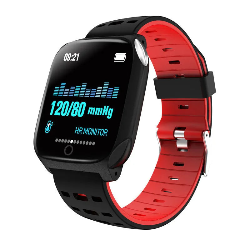 F16 Smart Watch with ECG and blood pressure monitoring on a silicone wristband in black colour options.