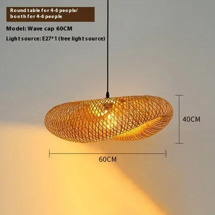 Natural woven bamboo straw hat-shaped pendant ceiling lamp with open weave, shown suspended.