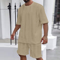 Men's Jacquard knitted summer set showing short sleeve pullover and matching shorts in light grey