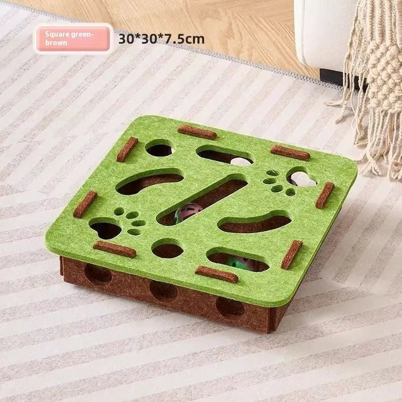 Handmade soft felt cat scratch toy box in green brown colour, measuring 30cm square.