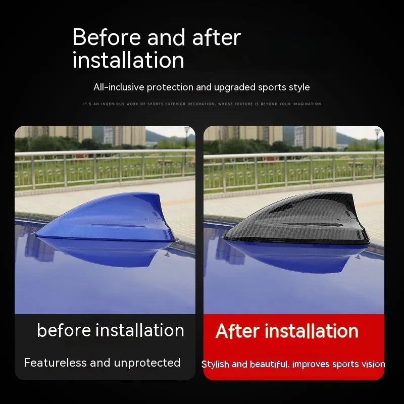 BMW shark fin antenna cover in carbon fibre and piano black finishes for Types A, B, and E.