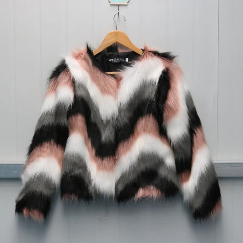 Korean-style women's faux fur O-neck short coat in picture colour, shown as a street fashion garment.
