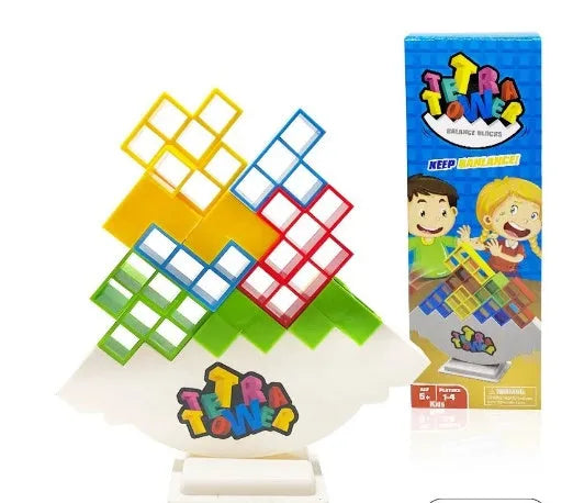 Balance stacking game set with plastic building blocks and wooden chassis