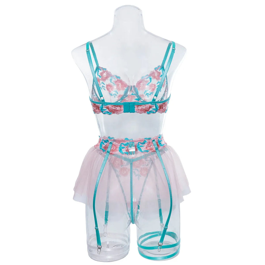 Pink embroidered mesh women's pettiskirt suit with matching bikini set on size chart