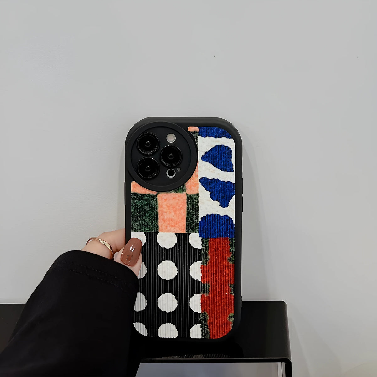 Art colour contrast patchwork TPU phone case in black leather style with fabric stitching for Apple iPhone