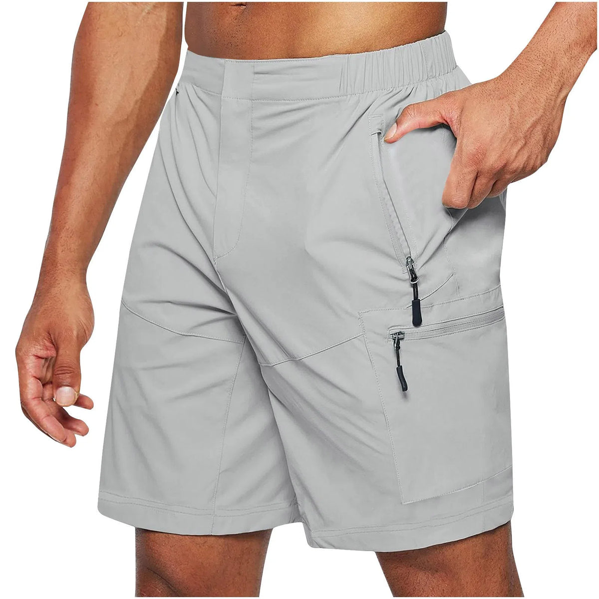 Men's casual knee-length shorts with elastic waist, straight leg, zipper fly, available in six colours.
