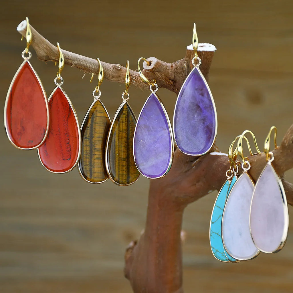 Handmade vintage stone drop earrings in Tigereye, amethyst and crystal colours