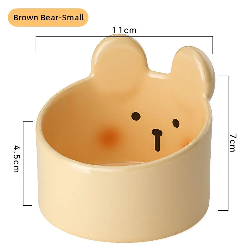 Ceramic pet bowls with neck protection design in white rabbit and brown bear patterns for dogs and cats